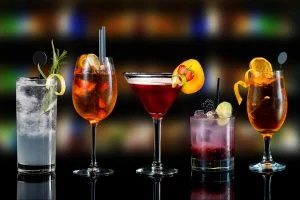 craft cocktails lined on bar